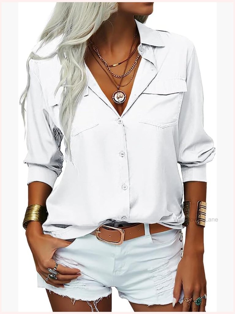 Women's Long Sleeve V-Neck Button Down Blouse Casual Office Work Top